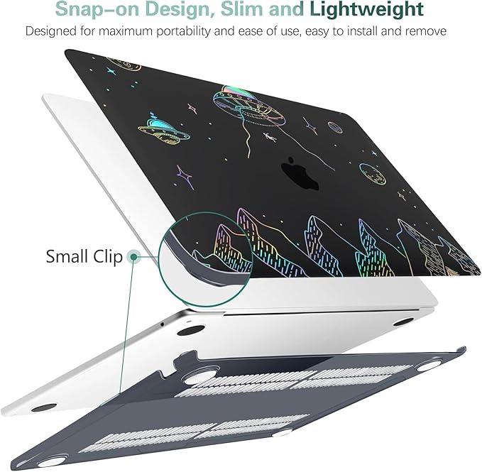 KEROM Clear Black Case for MacBook Pro 13 inch 2022-2016 M2 M1 A2338 A2289 A2251 A2159 A1989 A1706, MacBook Pro 13 inch Clear Case with Design, Plastic Hard Shell Case & Keyboard Cover, Planet