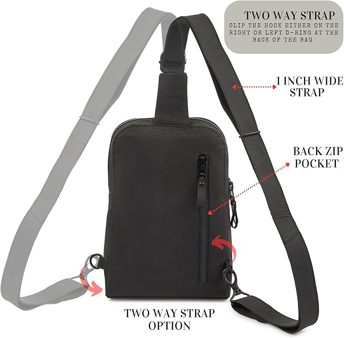 Leather Sling Bag for Women Genuine Crossbody Purse Small Trendy Cross Over Chest Phone and Credit Card Slots (Black Crazy Horse)