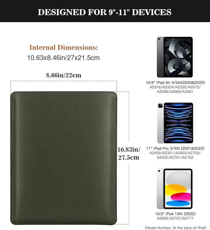 MoKo 9-11 Inch Tablet Sleeve, PU Leather Briefcase Slim Stylish Case Fits New 11-inch iPad Air M4 2026/iPad Pro M5, Air 5/4th 10.9, 10th Gen 10.9, 9/8. Gen 10.2, Tab S8/S9 11, Midnight Green