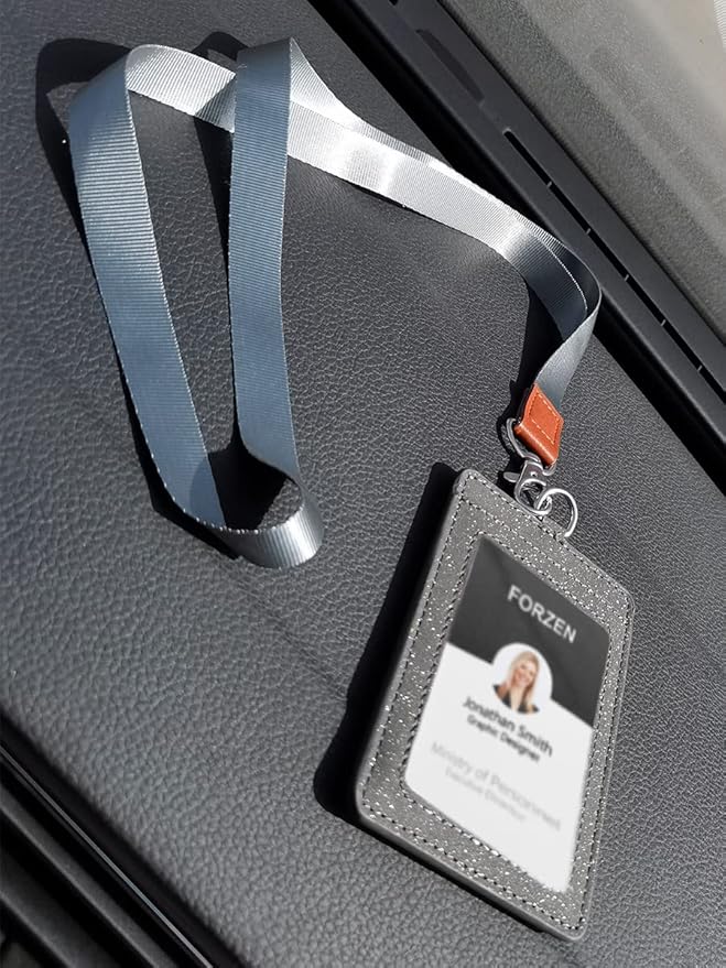 Leather ID Badge Holder,Slim Minimalist Elastic Credit Card Holder, Vertical Credit Card Holder for Men & Women with Neck Lanyard (Gray)