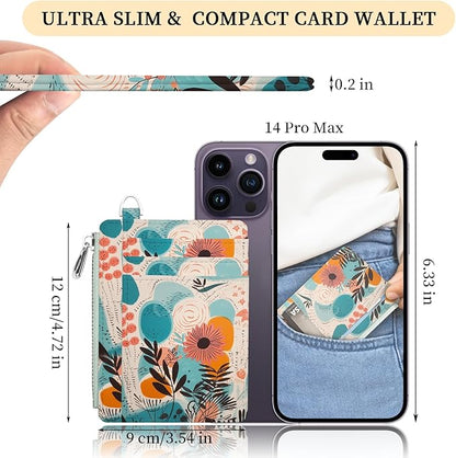 Hancynir Slim Wallet Women Credit Card Holder Abstract Flower Floral RFID Small Mini Card Case Front Pocket PU Leather Thin Travel Zipper Coin Cash ID Window Ladies Female Wallet Gifts