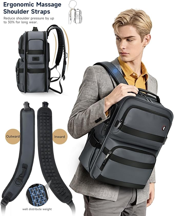 Work Laptop Backpack for Men 17in, USB-C Port Carry On Backpack with Patented Adjustable Width Straps, TSA Dual Laptop Compartments Backpack Travel, Waterproof Business Backpack for Professional, Grey