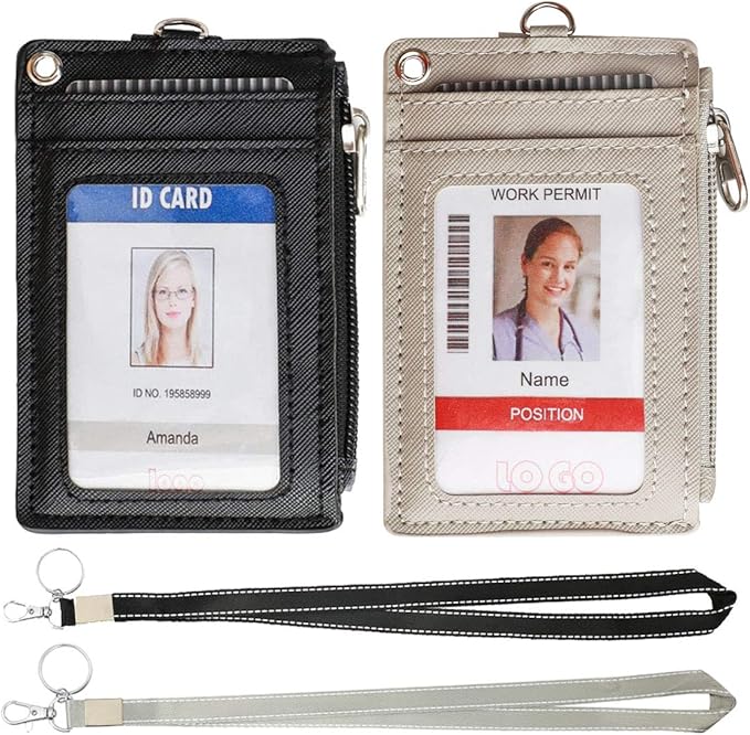 HASFINE 2 Pack ID Badge Holder with Lanyard,2 Sided 5 Card Slots ID Card Holder Wallet with PU Leather Zipper Pocket and Detachable Keychain Lanyard for Teens Men Women(Black & Gray)