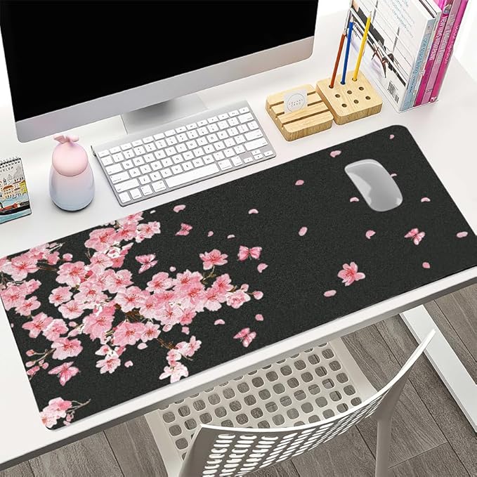 Pink Cherry Blossoms Desk Mat, Classic PU Leather Desk Pad for Women - Large Non-Slip Office Mat for an Elegant Gaming & Home Workspace（27.56 * 13.78in）
