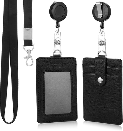 PU Leather Badge Holder with Lanyard ID Badge Holder with Retractable Reel Clips, Multiple Card Slots Retractable Badge Reel ID Card Holders Set for Badge Credit Cards