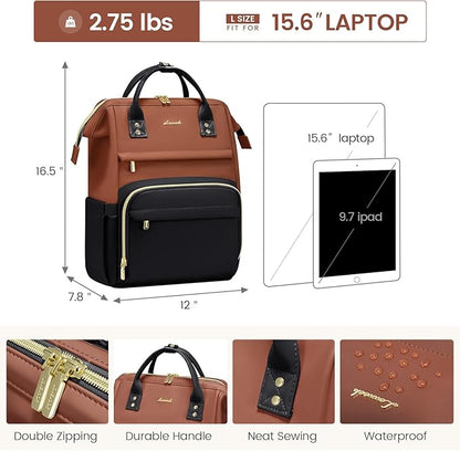 LOVEVOOK Leather Backpack for Women,15.6 inch Leather Laptop Backpacks Women,Professional Work Backpacks Nurse College Teacher Bag,Womens Laptop Computer Travel Tote Backpack Purse Daypack,Brown-Black