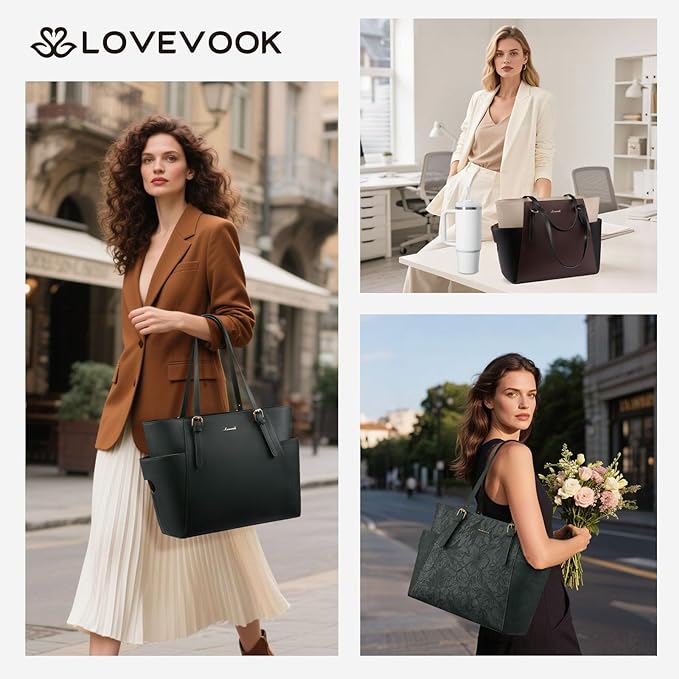 LOVEVOOK Laptop Tote Bag for Women With Large Cup Holder, Leather Work Tote Bag for Women,15.6 Inch Professional Computer Briefcase Business Teacher Commuter Shoulder Bag,Office Travel Gift