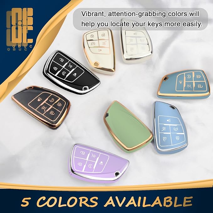 QBUC for Chevy Key Fob Cover with Keychain Soft TPU Protection Case Compatible with 2021-2026 Chevy Tahoe Suburban GMC Yukon Denali Silverado 6-Buttons(Gold Trim Blue)