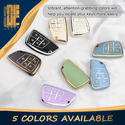 QBUC for Chevy Key Fob Cover with Keychain Soft TPU Protection Case Compatible with 2021-2026 Chevy Tahoe Suburban GMC Yukon Denali Silverado 6-Buttons(Gold Trim Blue)