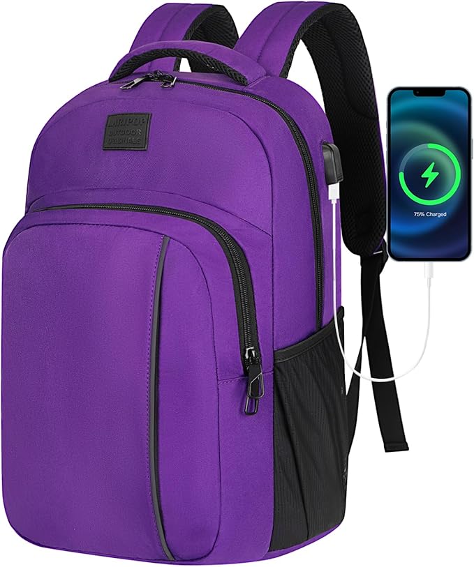 LARIPOP Carry On Backpack for Airplane, 17.3 Inch Laptop Backpack with USB Charging Port, Water Resistant Business Travel Backpack, Lightweight College School Bookbag Anti Theft for Men Women, Purple
