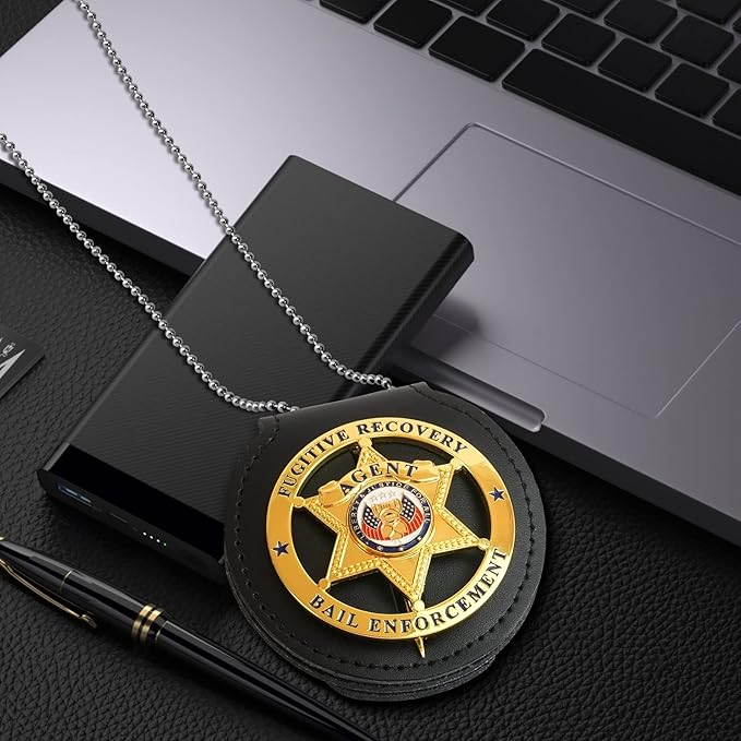 Police Badge Holder, Cowhide Law Enforcement Badge Holder, Universal Badge Holders Belt Clip with Stationary Metal Clip and Chain for Officer Gifts,Black,Circular