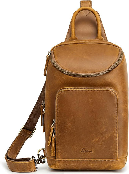 S-ZONE Sling Bag for Women Men Genuine Leather Vintage Crossbody Chest Bags Backpack Daypack Outdoor Travel