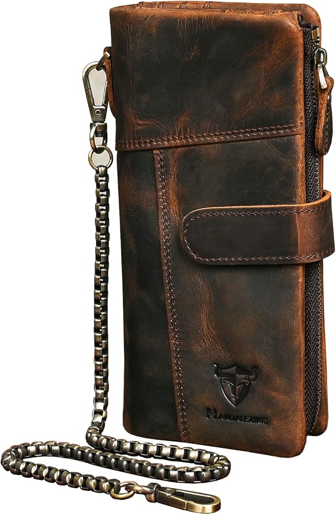 Genuine Crazy Horse Leather Travel Gift Coin Pocket Card Case Long Organizer Chain Rfid Wallet Purse With Snap For Men Male 1803 1815 (1803B-Brown)