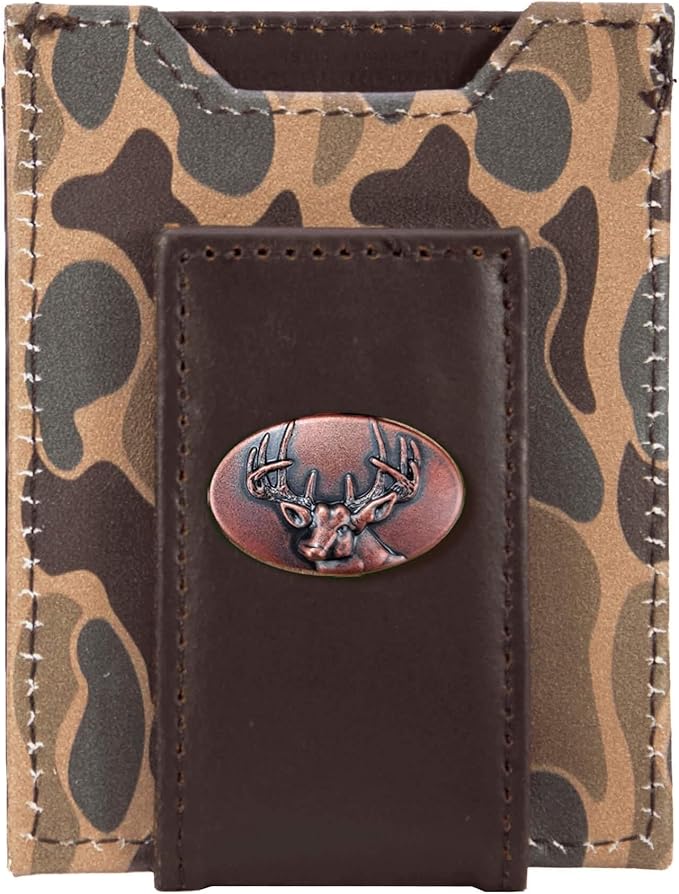 ZEP-PRO Buck Men's Magnetic Front Pocket Old School Camo Leather Wallet – Slim Design with Card Slots and Money Clip, Brown/Tan Camo
