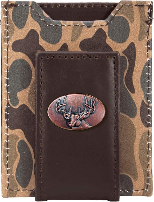 ZEP-PRO Buck Men's Magnetic Front Pocket Old School Camo Leather Wallet – Slim Design with Card Slots and Money Clip, Brown/Tan Camo