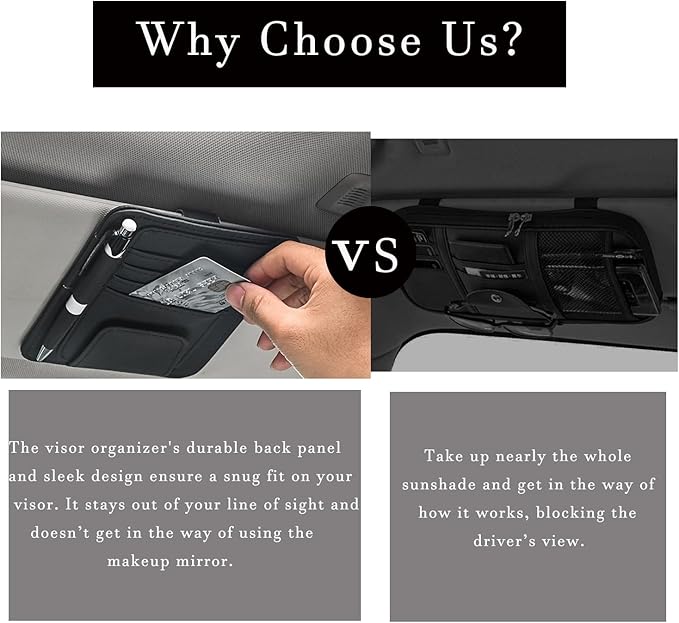 2 Pcs Car Sun Visor Organizer Premium Leather Sunglasses Holder Multi Functional Car Interior Accessories Storage Bag Visor Pouch for Cars Trucks Card Document Holder (Black)