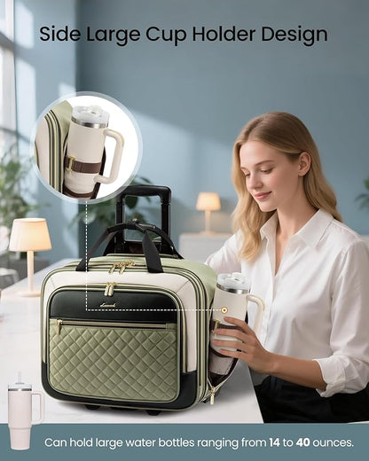 LOVEVOOK Rolling Laptop Bag Women, 17.3 Inch Laptop Briefcase with Wheels for Work Travel Business, Underseat Carry On Luggage Case,Green-Beige