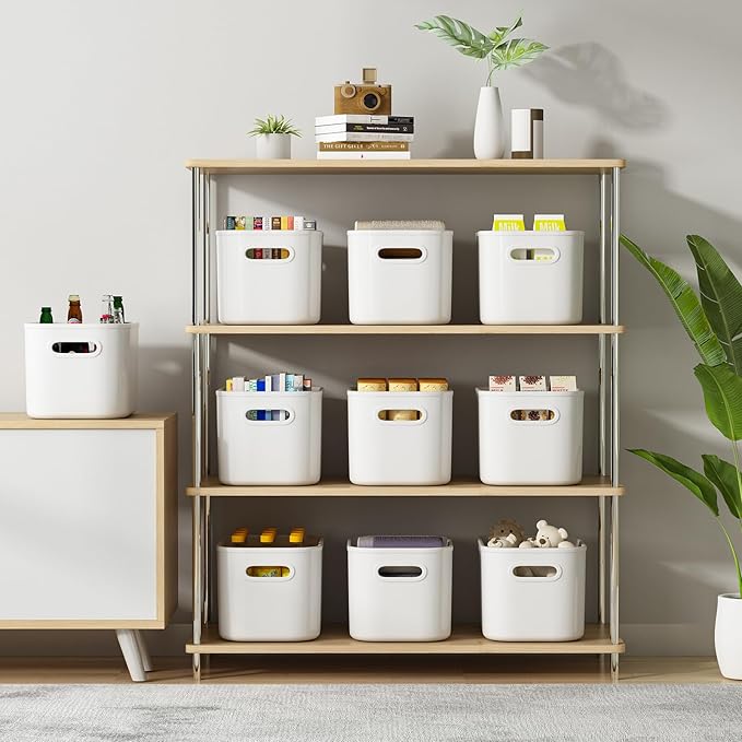ORGIDOL 8 Pack White Storage Bins with Lids Stackable Storage Container for Organizing, Storage Boxes with Handle for Shelves, Cute Storage Bin for Craft, Snacks, 9.85x6.9x5.7 inch