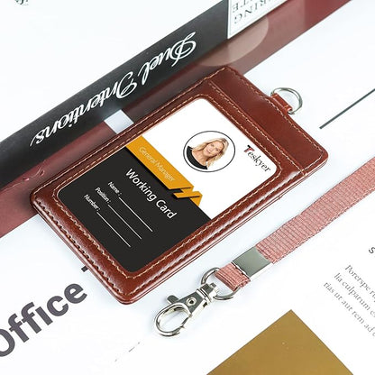 Teskyer Badge Holder with Lanyard, Leather ID Name Badge Card Holder with Lanyard for ID Badges, Vertical Brown