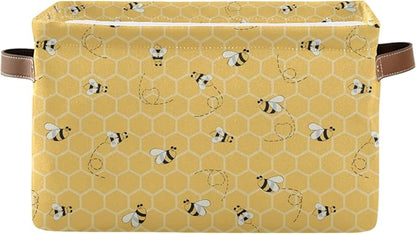 Cute Animal Bee Square Storage Basket Bin Canvas Fabric Compressible Organizer Basket with Handle for Bedroom Nursery Office, 1PCS