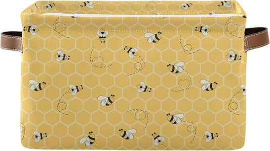 Cute Animal Bee Square Storage Basket Bin Canvas Fabric Compressible Organizer Basket with Handle for Bedroom Nursery Office, 1PCS