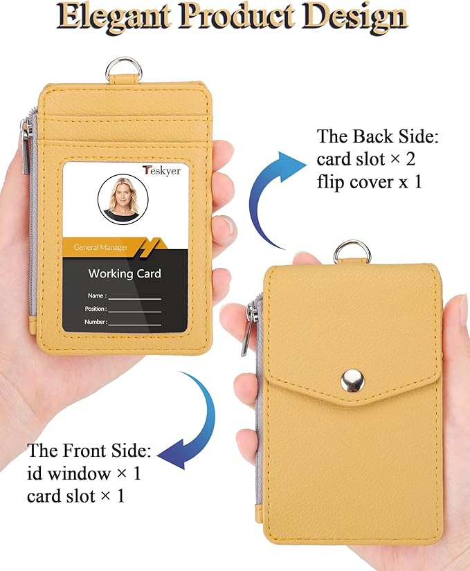 Teskyer Badge Holder with Side Zip Pocket, Multiple Card Slots Leather ID Holder Wallet with Neck Lanyard for Office Staffs, Teachers/Students, Workers, Cruise Cards, Bus/Metro Cards, Lichee Yellow