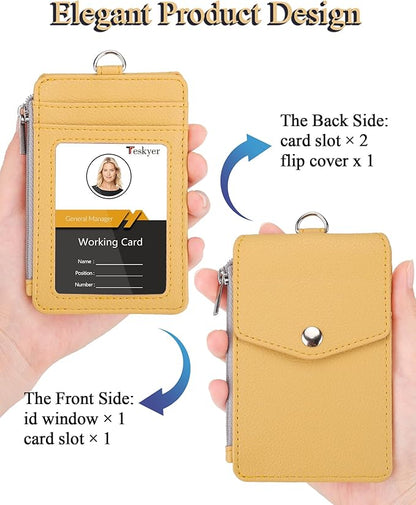 Teskyer Badge Holder with Side Zip Pocket, Multiple Card Slots Leather ID Holder Wallet with Neck Lanyard for Office Staffs, Teachers/Students, Workers, Cruise Cards, Bus/Metro Cards, Lichee Yellow