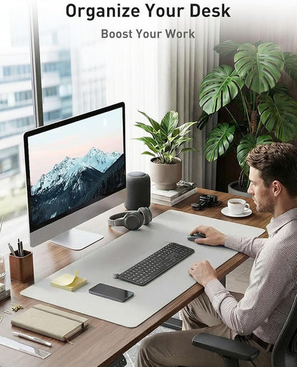 Aothia Faux Leather Desk Mat - Non-Slip PU Leather Desk Blotter, Waterproof Writing Surface, Large Desk Pad for Office & Home (Barely Grey, 55" x 17")