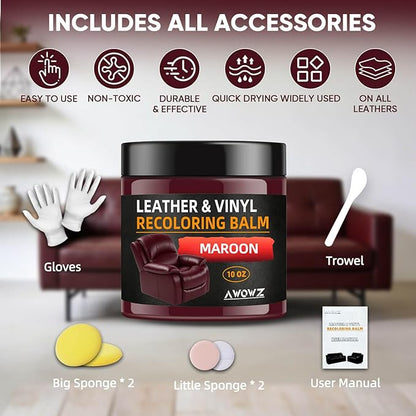 Leather Recoloring Balm - Scratch Repair & Color Restore Kit for Faded Leather, Leather Couch & Car Seats - 10OZ Leather Restorer Balm for Furniture, Auto Interior, Vinyl, Accessories (Maroon)