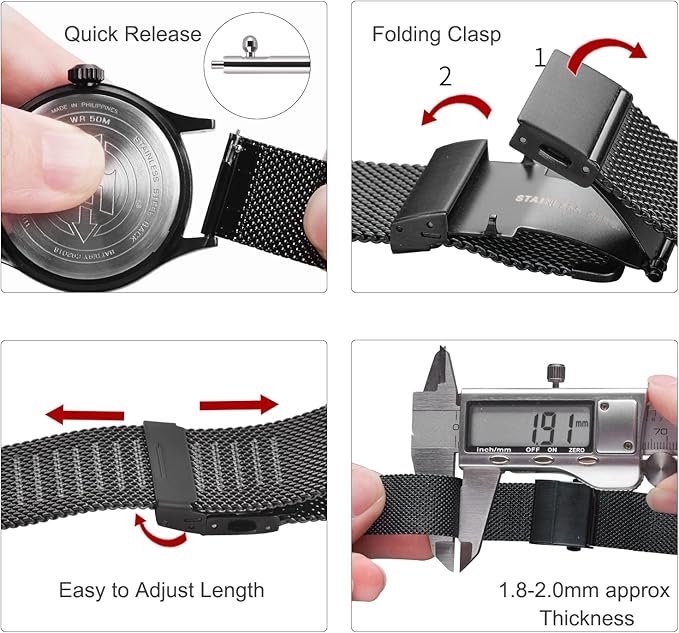 EACHE Stainless Steel Mesh Watch Band for Men Women, Quick Release Mesh Watch Straps 12mm 14mm 16mm 18mm 20mm 22mm