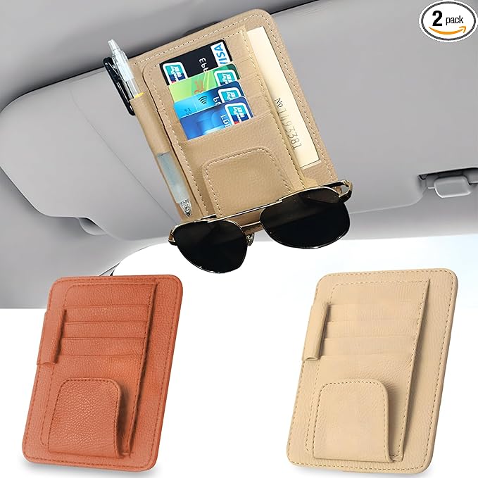 2Pcs Car Sun Visor Organizer, Slim Leather Sunglass Holder for Car, Auto Document Holder for Card, Sunglasses, Insurance, Registration, Pen, Receipt (Brown+Khaki)