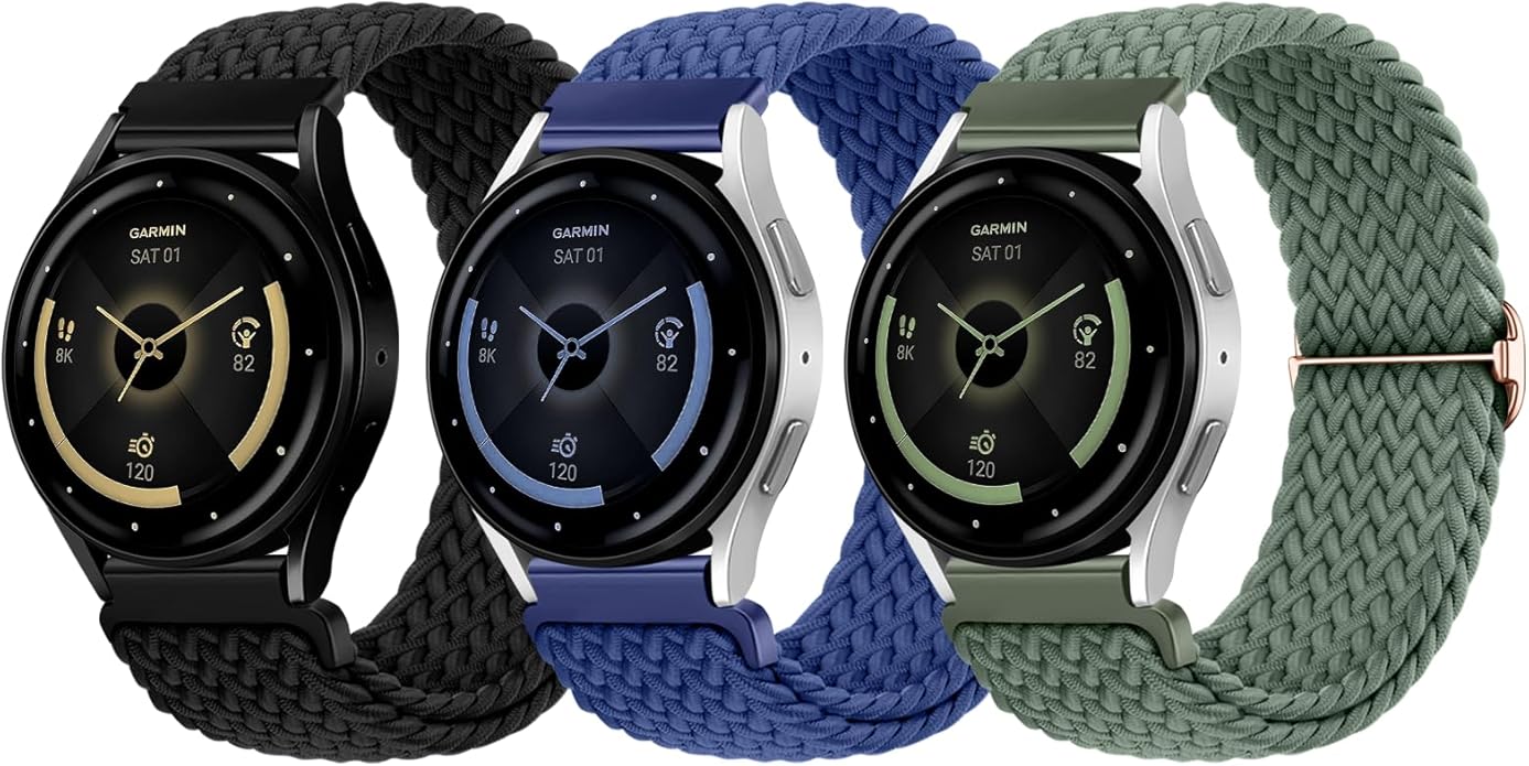 SNBLK 3 Pack 18mm 20mm 22mm Braided Watch Band Compatible with Garmin Vivoactive 5 Watch Bands/Vivoactive 6/3/4s, Quick Release Adjustable Elastic Nylon Loop Strap for Venu 3S/2S/Venu 3/2 Women Men