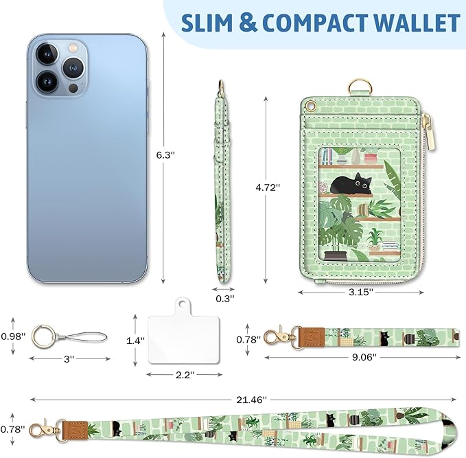 Cute Black Cat Lanyard Wallet with ID Badge Holder, Plant Shelf Small RFID Wallet Women Keychain Wristlet, Slim Credit Card Holder with Zipper Pocket Phone Lanyard Wrist Strap Name Tag Office Teacher