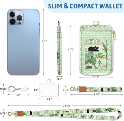 Cute Black Cat Lanyard Wallet with ID Badge Holder, Plant Shelf Small RFID Wallet Women Keychain Wristlet, Slim Credit Card Holder with Zipper Pocket Phone Lanyard Wrist Strap Name Tag Office Teacher