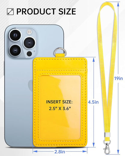 Teskyer Badge Holder with Lanyard, Leather ID Name Badge Card Holder with Lanyard for ID Badges, Vertical, Bright Yellow