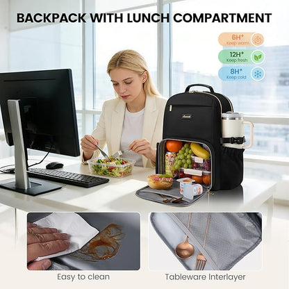 LOVEVOOK Lunch Backpack with Lunch Compartment,17 Inch Laptop Work Travel Insulated Cooler Backpack Purse,Waterproof College Teacher Nurse Lunch Bag Box with Tumbler Holder,Gifts for Men Women,Black