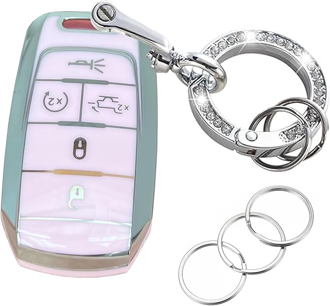 Key Protective Shell for RAM Key Fob Cover with Keychain Fit for RAM 1500 2500 3500 Smart Key Case Accessories (5-Button-Pink-Silver)