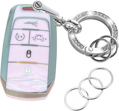 Key Protective Shell for RAM Key Fob Cover with Keychain Fit for RAM 1500 2500 3500 Smart Key Case Accessories (5-Button-Pink-Silver)