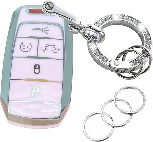 Key Protective Shell for RAM Key Fob Cover with Keychain Fit for RAM 1500 2500 3500 Smart Key Case Accessories (5-Button-Pink-Silver)