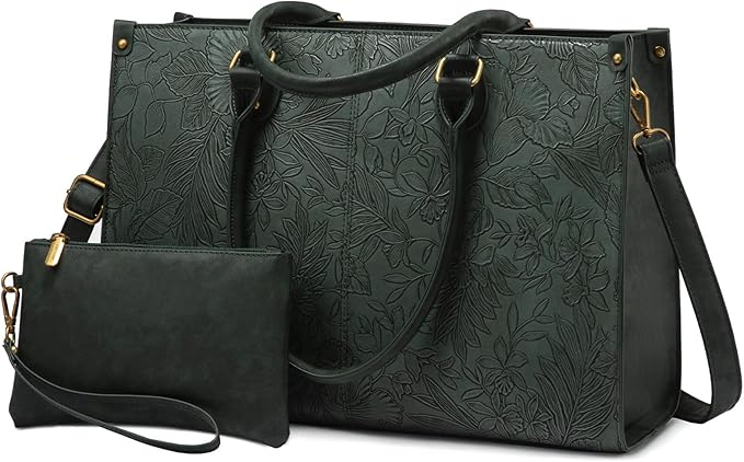 LOVEVOOK Laptop Tote Bag for Women, 15.6 Inch Large Capacity Vintage Leather Work Computer Bag, Business Casual Shoulder Handbag, Green Embossed