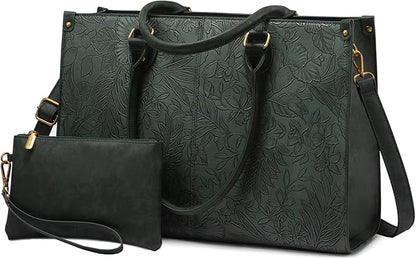 LOVEVOOK Laptop Tote Bag for Women, 15.6 Inch Large Capacity Vintage Leather Work Computer Bag, Business Casual Shoulder Handbag, Green Embossed