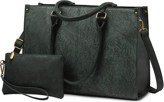 LOVEVOOK Laptop Tote Bag for Women, 15.6 Inch Large Capacity Vintage Leather Work Computer Bag, Business Casual Shoulder Handbag, Green Embossed