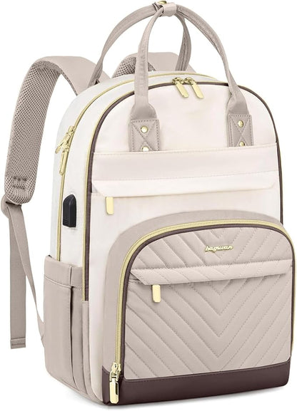 Laptop Backpack for Women Work Bag - 15.6 inch Travel Backpack Purse with USB Charger College Bookbag Waterproof Cute Casual Daypack Fashion Business Computer Backpacks for Teacher Nurse Beige Nude
