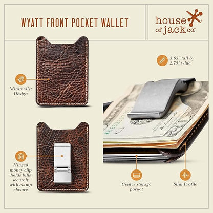House of Jack Co. Wyatt Money Clip Wallet for Men, Slim Front Pocket Leather Card Holder, Ideal Gift For Men, Minimalist Full Grain Cowhide Wallet, Brown