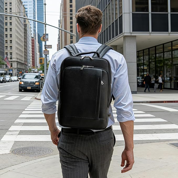 TIDING Men's Leather Business Backpack Fits 15.6 Inch Laptop, Expandable Office Work Casual Daypack with USB Charging Port