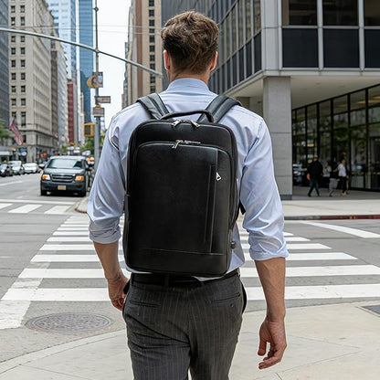 TIDING Men's Leather Business Backpack Fits 15.6 Inch Laptop, Expandable Office Work Casual Daypack with USB Charging Port