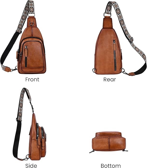 HESHE Leather Sling Bag for Women Crossbody Bags with Multi-Pocket Stylish Fanny Packs for Travel Chest Bag