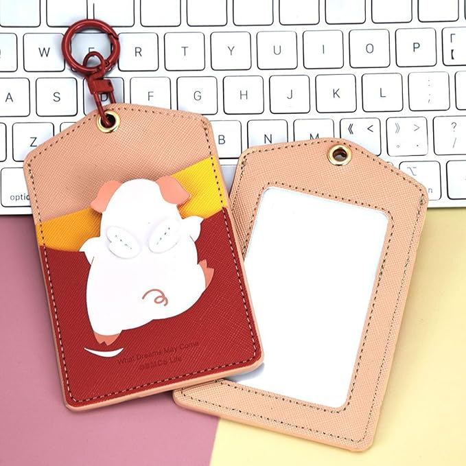 ID Badge Holder with Keychain, 3 Card Slots Cartoon Animal Cute Badge Holder for Professionals, Teacher, Nurse Officer and Students Women Girls Boys (Piggy)