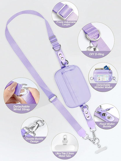 Tiostep Clip and Go Strap for Phone with Wallet Crossbody Phone Lanyard Adjustable and Detachable RFID Wristlet Wallet with ID Window and Zipper, Purple