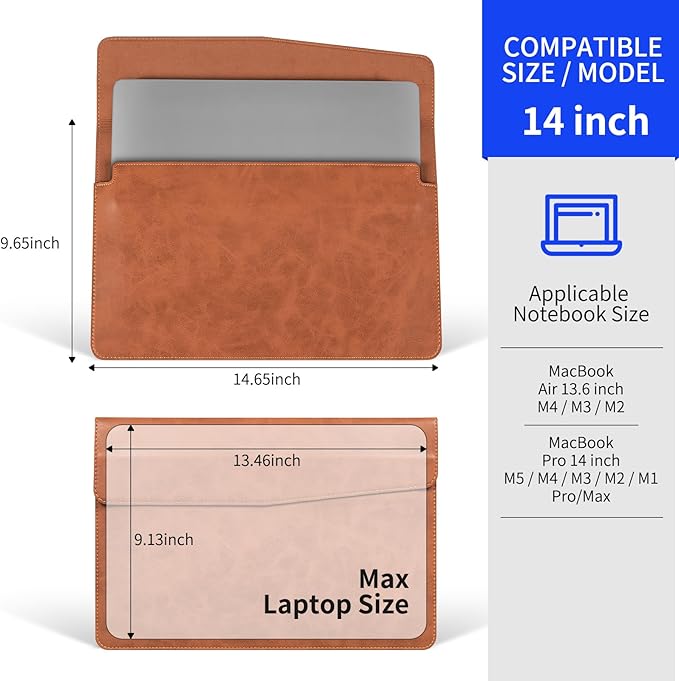 14 Inch Leather Laptop Sleeve for MacBook Pro 14 Inch M5 M4 M3 M2 M1 Pro/Max Case,Premium Protective Case Cover with Magnetic Closure-Vintage Brown